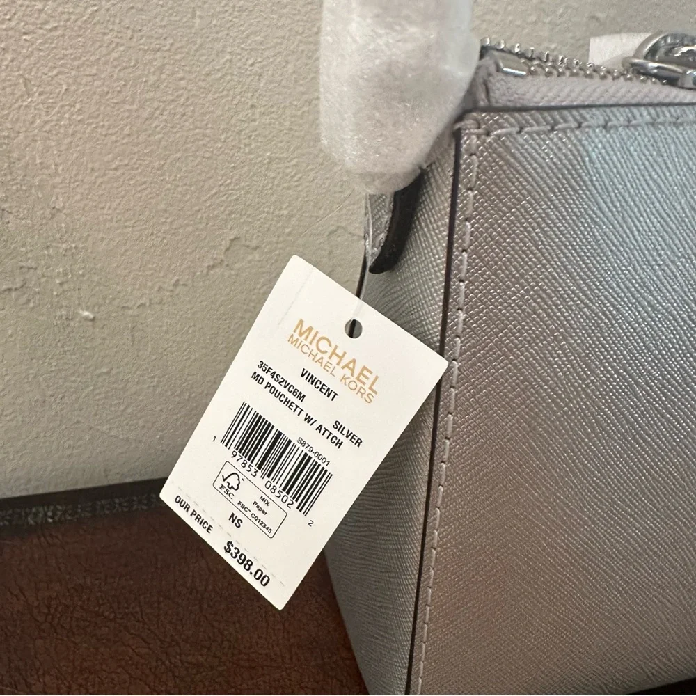 NWT Michael Kors | Vincent Metallic Medium Pouchette Bag With Card Holder $398